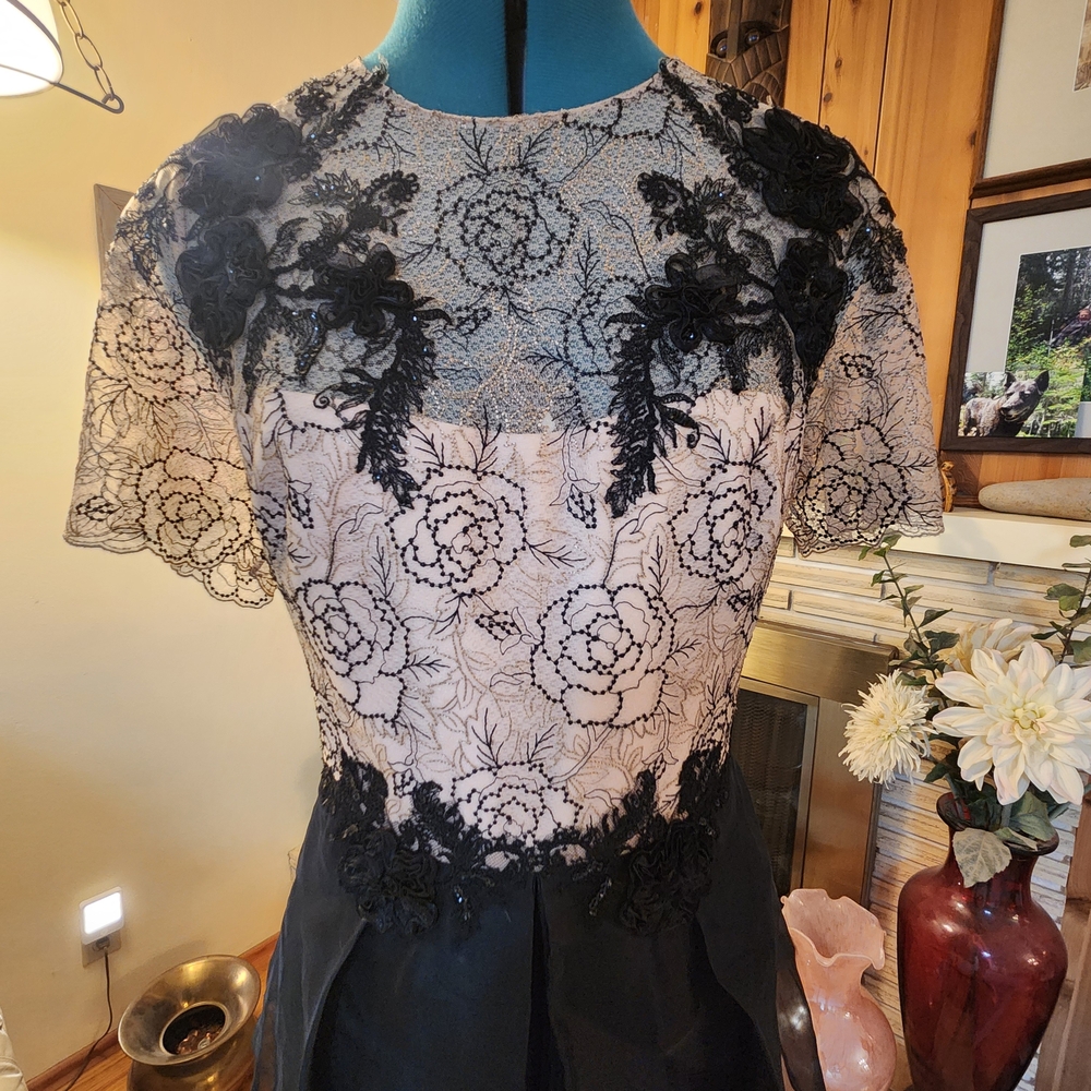 Marchesa Notte | Stunning Black Lace & Silk Tiered Mini - Size 14 - Picture 2 of 8